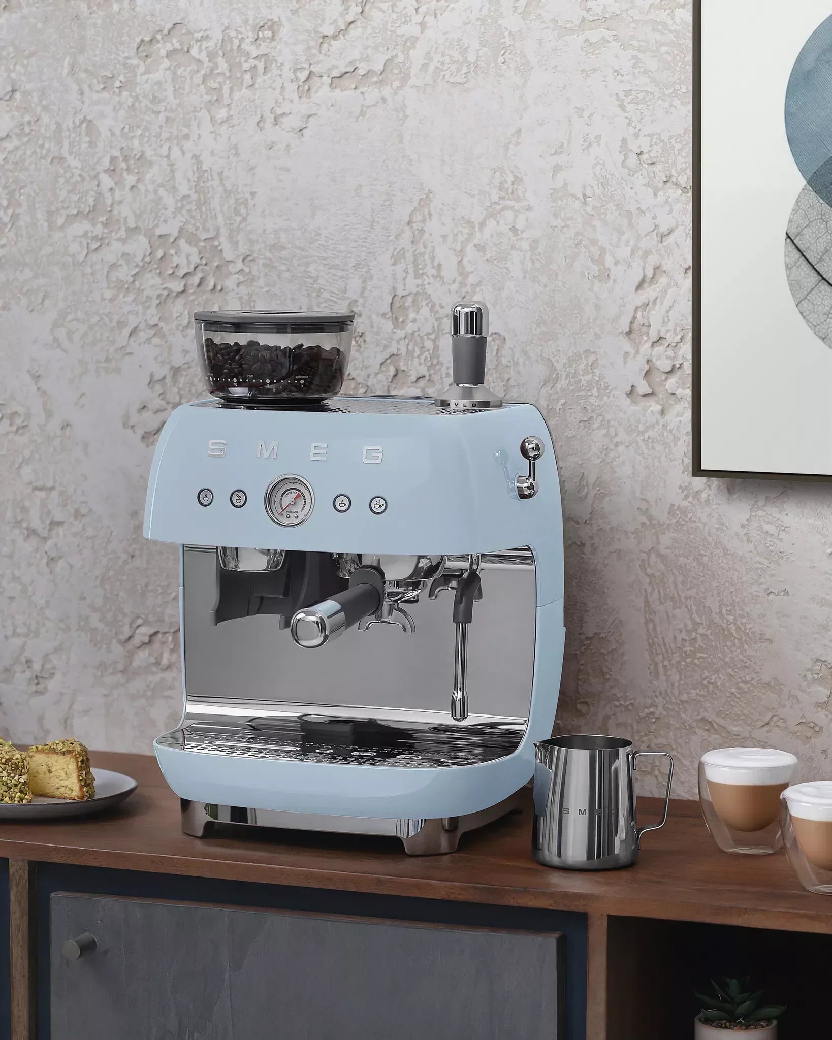 Smeg EGF03PBUK Retro Espresso Coffee Machine with Grinder in Pastel Blue